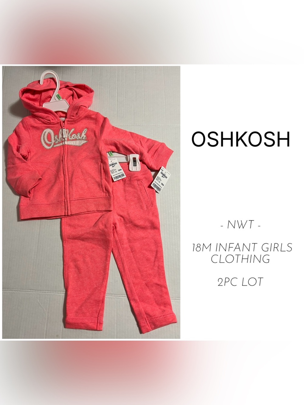OSHKOSH - 18M - NWT - 2PC SET - INFANT GIRLS CORAL PINK ZIP UP HOODIE AND PANTS